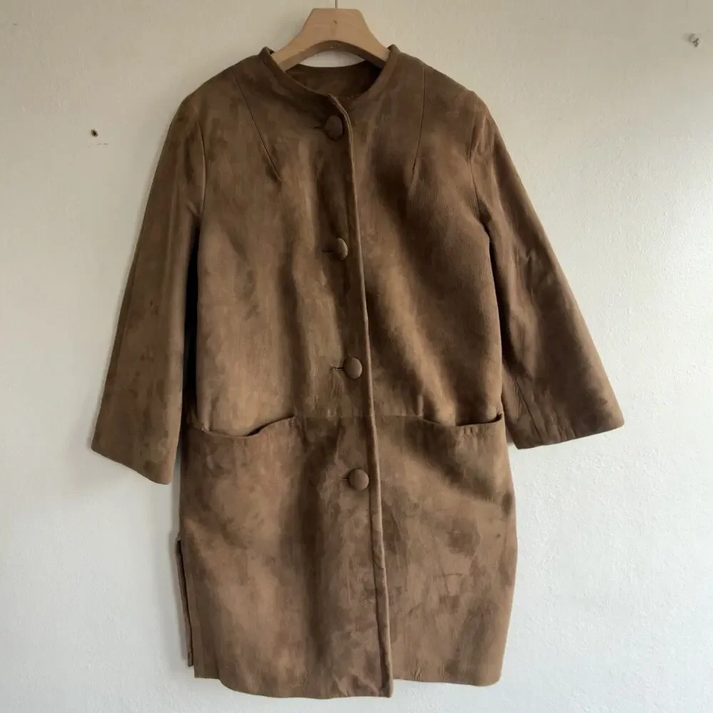 Vintage 1960s Camel Suede Collarless Swing Coat Covered Buttons Mid Century Sz 8 - Picture 2 of 12